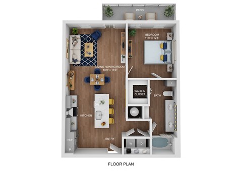 Floor plan for 1 bed, 1 bath, 789 sqft